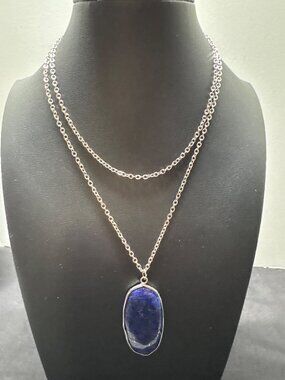 Sodalite Gemstone Pendant Necklace With Silver Chain - 16" Adjustable - Healing